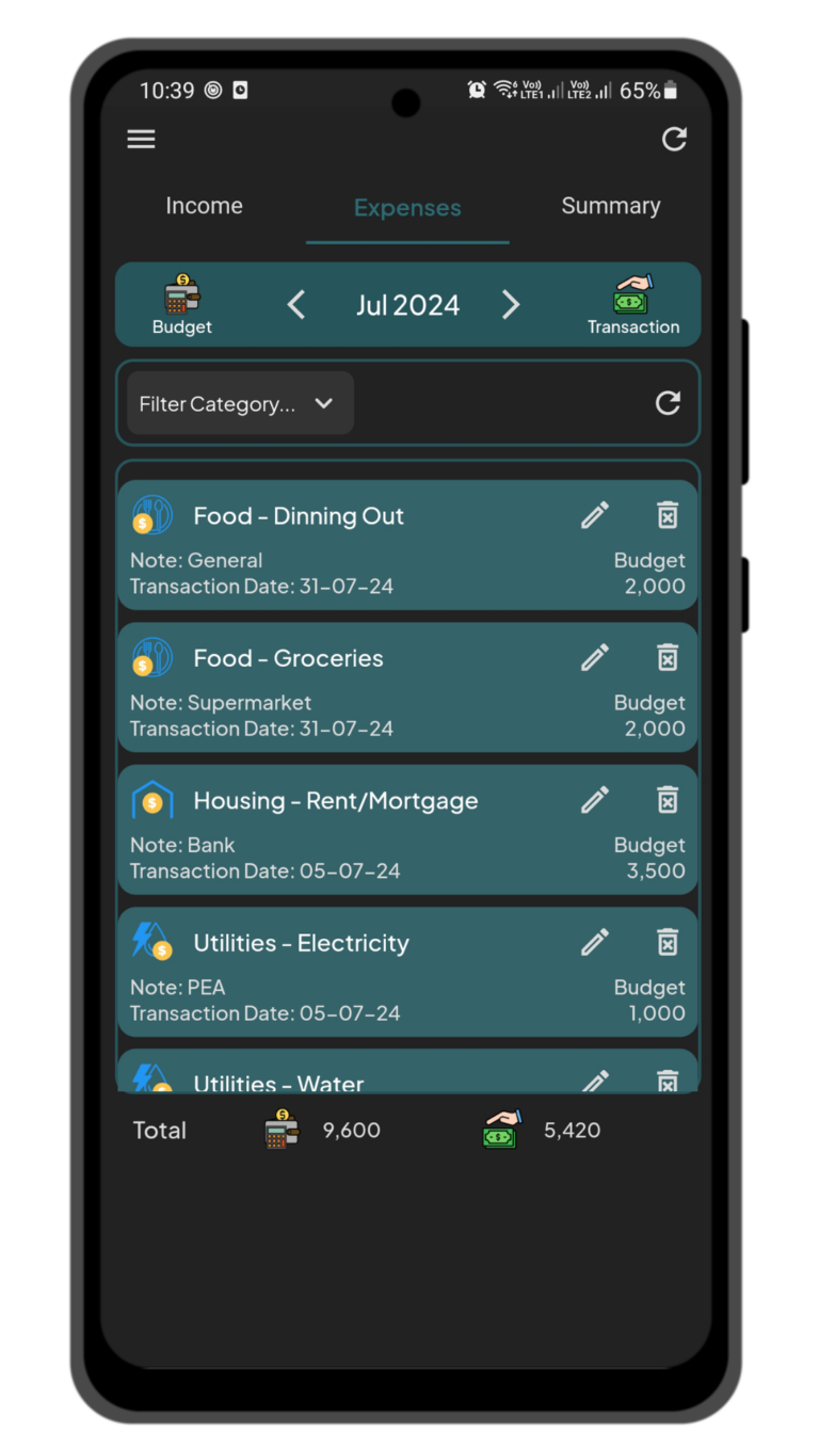 Money InOut - Track Income and Expenses, dark mode